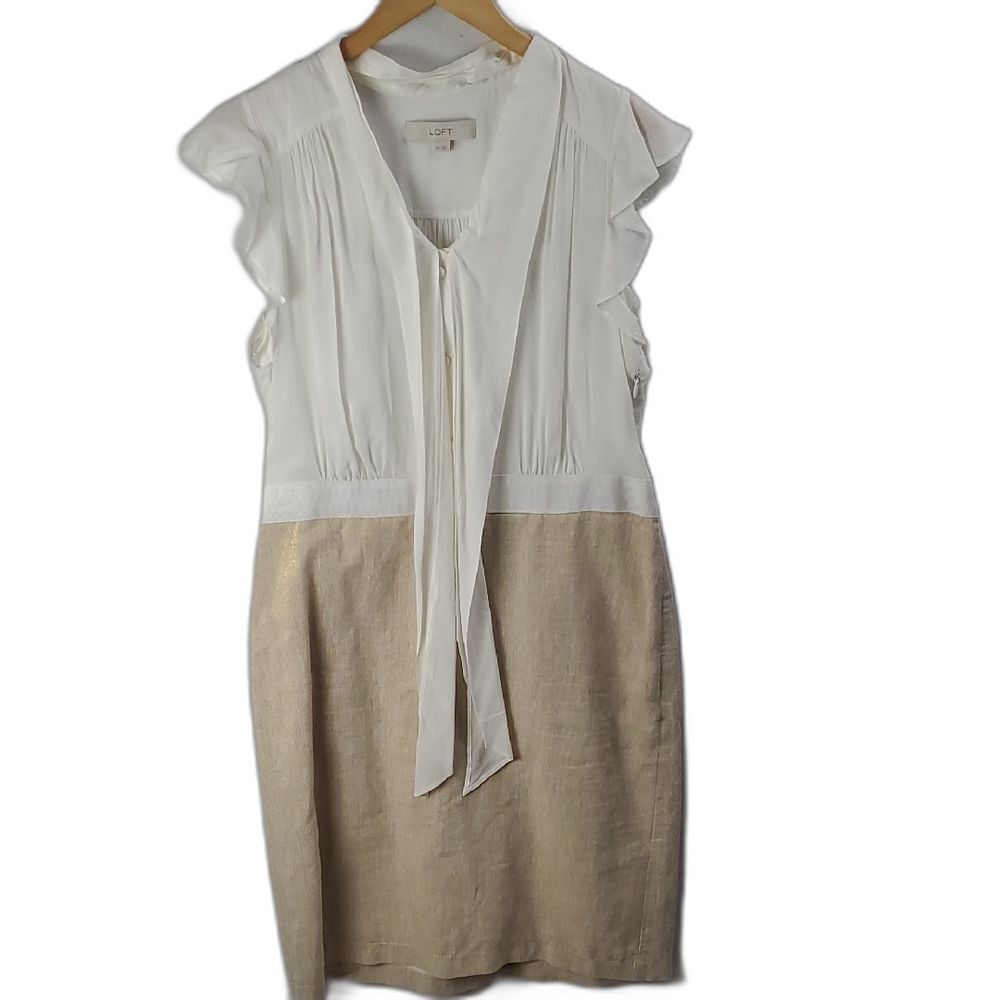 Ann Taylor Loft Coastal Tie Neck Ruffle Short Sleeve Linen White Gold Dress - 10